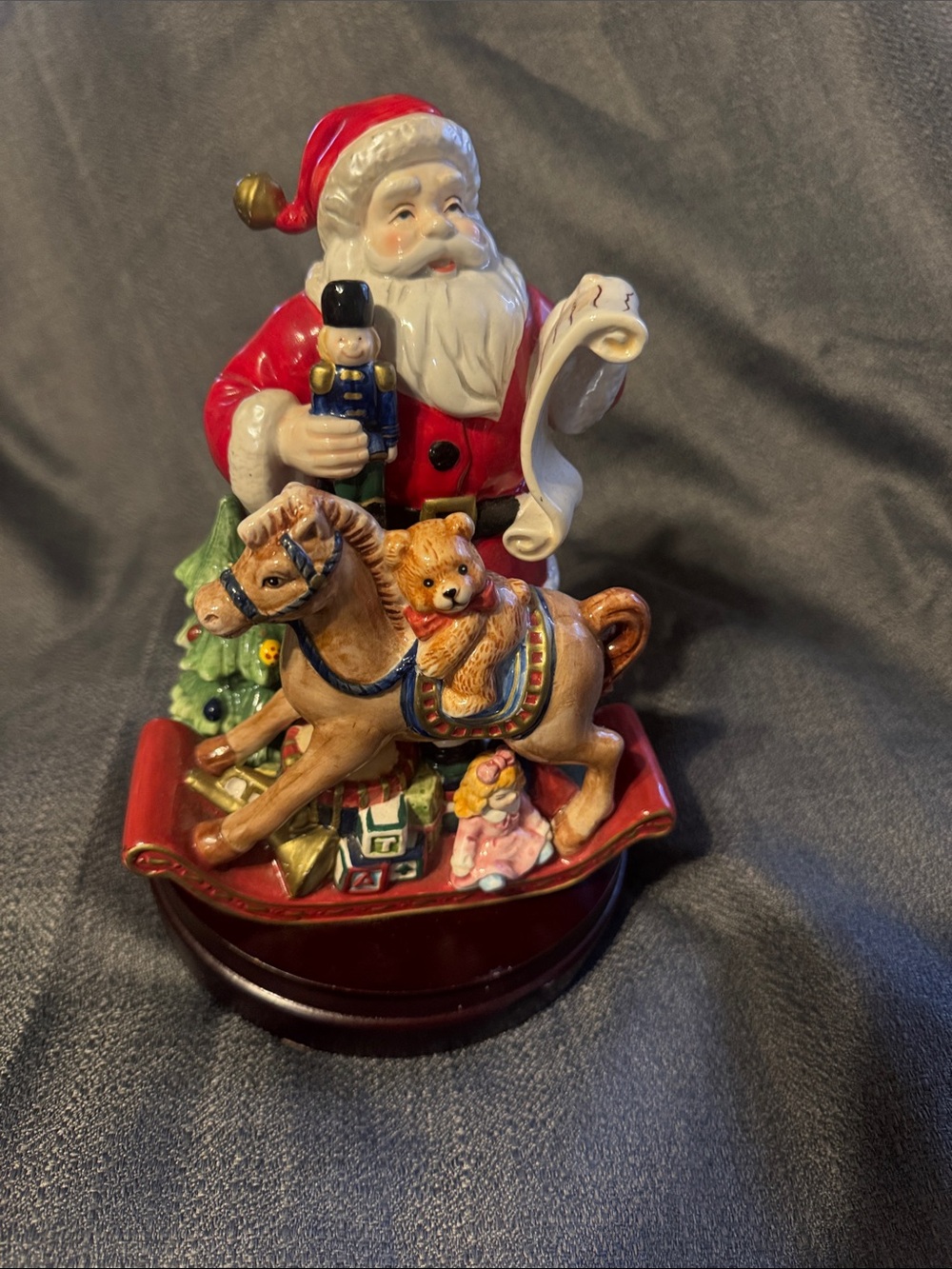 Vintage Musical  Ceramic Santa with Rocking Horse